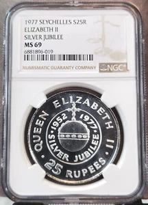 1977 SEYCHELLES SILVER 25 RUPEES QUEENS SILVER JUBILEE NGC MS 69 RARE TOP POP 1 - Picture 1 of 3