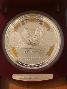 2005 Perth Mint Lunar Colorized Rooster Silver Kilo With Diamond Eyes - Picture 1 of 8
