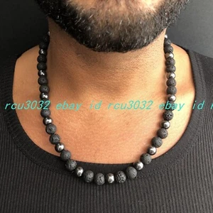 8mm Hematite Mens Beaded Necklace for Him Black Lava Stone Necklace 18-36In - Picture 1 of 12