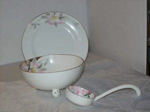 NIPPON HAND PAINTED 3 FOOTED BOWL, LADLE AND UNDER PLATE PINK FLOWERS AND GOLD A - Picture 1 of 3