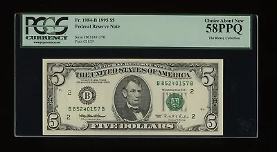 DBR 1995 $5 FRN New York Fr. 1984-B PCGS 58 PPQ Serial B85240157B - Image 1 of 2