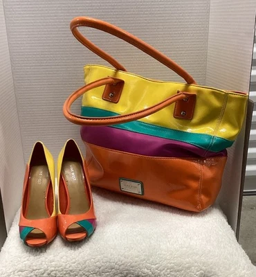 NEW Nine West Peep Toe Flamingo Color Block Stiletto Pumps Purse Lot Sz 7M - Image 1 of 4