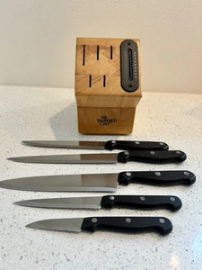 PAMPERED CHEF 5 Slot Wood Knife Block w/Built-In Sharpener & Knives - Retired - Picture 1 of 16