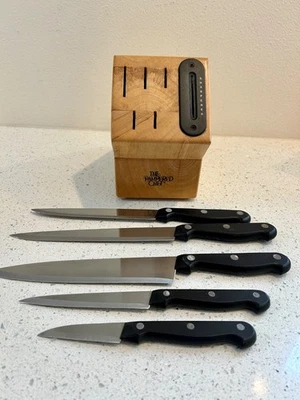 PAMPERED CHEF 5 Slot Wood Knife Block w/Built-In Sharpener & Knives - Retired - Image 1 of 4