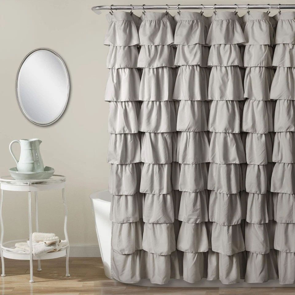 Lush Decor, Light Gray Ruffle Shower Curtain | Floral Textured Vintage Chic - Image 1 of 4