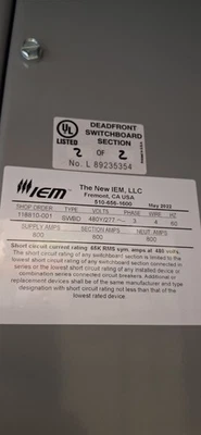 800 Amp , Meter Main   With Pull Section 480/277 Or 120/208 Siemens / Switchgear - Image 1 of 4