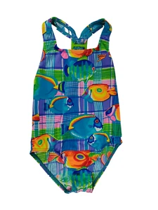 SPEEDO Girls Vintage Swimsuit Blue Fish Pattern Print Athletic One Piece Size 10 - Picture 1 of 16