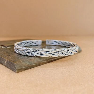 Pure S999 Sterling Silver 999 Braid Bracelet Bangle Wide OPEN-CUFF Women Men - Image 1 of 4