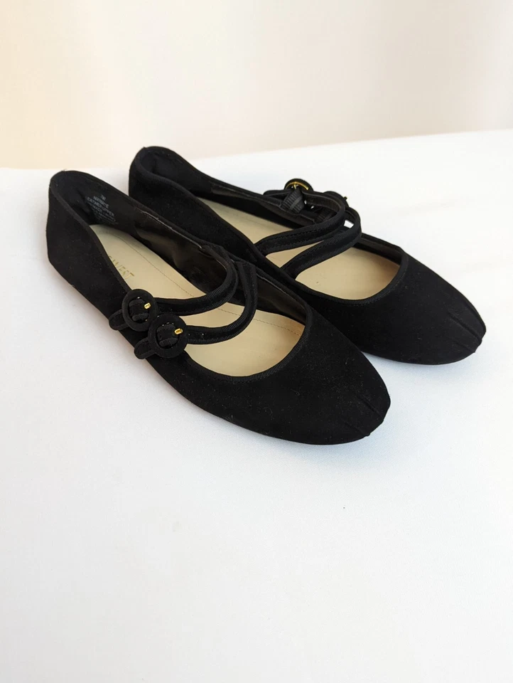 Nine West Ballet Round Toe Double Strap Black Suede Flat Shoes Size 7 Balletcore - Image 1 of 4