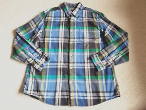Mens Shirt-EDDIE BAUER-blue/green plaid 100% heavy cotton "relaxed fit"-L