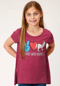 Roper Kids Girls Peace Love Happiness Wine Poly/Cotton S/S T-Shirt - Picture 1 of 4