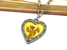 Vintage Pewter Tone Golden Pressed Flower Heart Pendant Silver Necklace Kk33