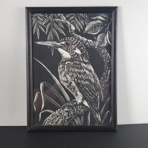 Kingfisher Print on Fabric 16in By 12in Black & White - Picture 1 of 5