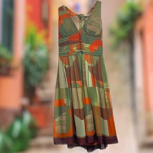 Ladies Cache Brown Olive Orange Greek Cocktail Halter Silk Chiffon Dress sz 6 - Picture 1 of 9
