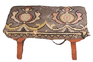 vintage wooden cracket footstool small green tapestry upholstery - Picture 1 of 5