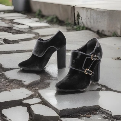 Botines Tory Burch Carley Terciopelo Gris Grigio Monje Correa Tacón Bloque 6 $375 Foto 1 de 4