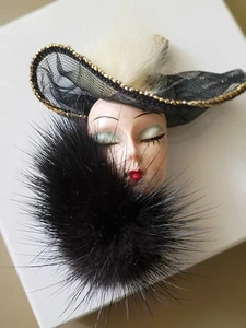 Broche cabeza dama vintage años 70 estilo art deco con detalles de visón - Imagen 1 de 18