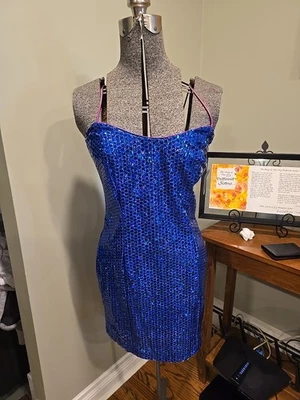 Vintage 90s LA GLO dress GANTOS Blue Sequins Size 7 Zipper Close - Image 1 of 4