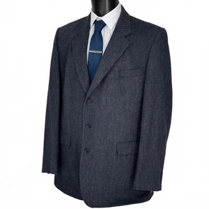DAKS Navy Blue Herringbone Tweed Country Wear Blazer Sports Jacket 48L - Picture 1 of 10