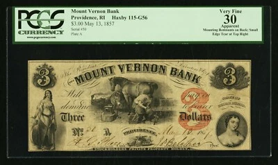 Obsolete Currency Providence, RI - Mount Vernon Bank $3 1857 PCGS Very Fine 30 - Image 1 of 2