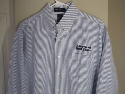 Camisa de vestir manga larga con botones azul a rayas logotipo de la Cruz Roja Americana para hombre M Foto 1 de 4