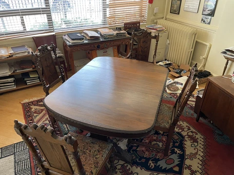 1800s Antique Vintage Trestle Dining Room Table Carved Curved Ornate 4 Chairs Cover