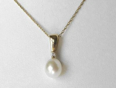 14k Gold Cultured Freshwater Pearl Solitaire Diamond Pendant Necklace 18" NEW - Image 1 of 4