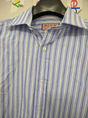 Thomas Pink Shirt Mens 15.5 Long Sleeve Button French Cuff Stripe Superfine 170s - Image 1 of 4