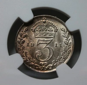 GREAT BRITAIN England UK MAUNDY Silver 3P 3 Pence Threepence 1911 NGC MS 62 UNC - Picture 1 of 6