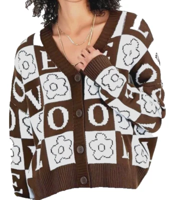 JUST POLLY Oversized Cardigan Relaxed Fit Checkered Love Junior Size Small NEW - Image 1 of 4