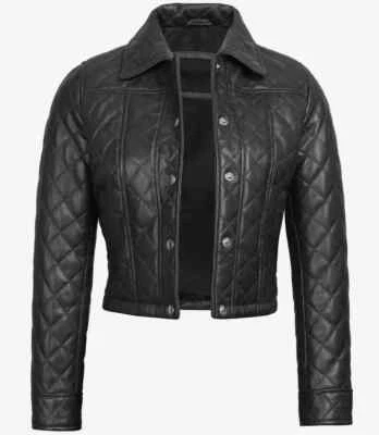 Women's Quilted Stylish Design Moto Biker Real Sheepskin Black Leather Jacket - Image 1 of 4
