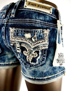 $180 Buckle Rock Revival "Betty" Champagne Leather Insert Acid Wash Shorts 29 💎 - Picture 1 of 13