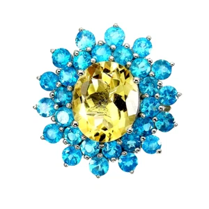 AAA RICH PARAIBA BLUE APATITE & CITRINE RING .925 STERLING SILVER 14K WGP SZ 6 - Picture 1 of 3