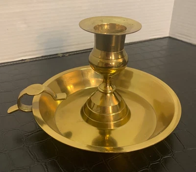 Vintage Brass Candle Holder Chamberstick Candle Holder Gold 5" Tall -See Detail - Image 1 of 4