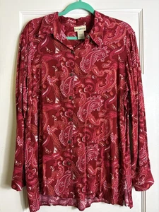 Travelsmith Wrinkle Resistant Red Button Down Shirt SZ XL Paisley Boho Vacation - Picture 1 of 8
