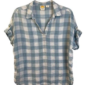 C & C California Top Women's Small Blue White Check Linen Relaxed Fit Summer - Picture 1 of 7