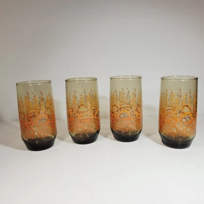 "4 vasos de jardín de colección Anchor Hocking de vidrio marrón ahumado naranja champiñón 5"" 12 oz" Foto 1 de 4