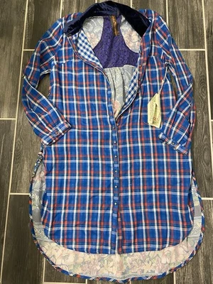 Aratta Silent Journey Plaid Floral Tunic Dress L Blue Plaid Velvet  Lace NWT - Image 1 of 4