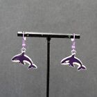 Pierced Earrings Purple Enamel Killer Whale Dangle Silver tone 1"