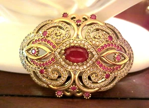 GORGEOUS .925 & BRONZE BROOCH WITH RUBY RED  & WHITE TOPAZ STONES  / 2246 - Picture 1 of 4