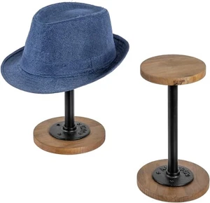 Black Metal and Brown Wood Tabletop Hat Stand, Freestanding Wig Holder, Set of 2 - Picture 1 of 7