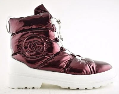 Botas curtas Chanel 18K tecido metalizado vermelho logotipo CC neve inverno cordão 42 - Imagem 1 de 4