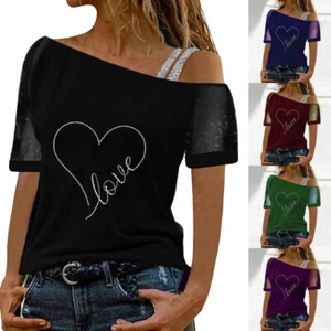 Plus Size Womens Glitter Mesh Sheer Tops Summer Diamond Love Heart Tee Shirts UK - Picture 1 of 16