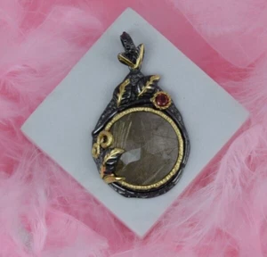 Golden Rutile Quartz Pendant Garnet Oxidized Sterling Silver Gold Plated Jewelry - Picture 1 of 4