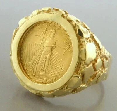 Anillo pepita moneda libertad americana para hombre joyería regalo enchapado en oro amarillo de 14K Foto 1 de 4