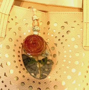 Handcrafted Artisan Purse Charm, Rose, Hands, Art Resin, Glass Beads and Clip - Picture 1 of 10