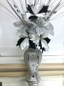 Silver Vase With Flowers Mosaic Crushed Crystal Romany Glitter Bling 30 cm - Picture 1 of 4