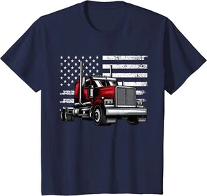 Cool Truck Trucker Vehicle Truck Driver American Flag Youth Unisex T-shirt - Picture 1 of 8