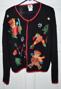 Vtg Nut Cracker Teddy Bear Christmas Tree Button Up Cardigan Sweater Women XL - Picture 1 of 6