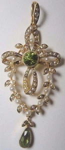Art Deco 1920's Peridot Seed Pearl 14k Yellow Gold Lavalier Pendant Antique - Picture 1 of 10